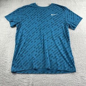 Nike Shirt‎ Mens Large Blue AOP Logo Spellout Dri Fit Comfort Swoosh Check